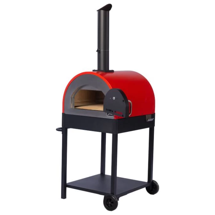 horno a leña rojo con carro