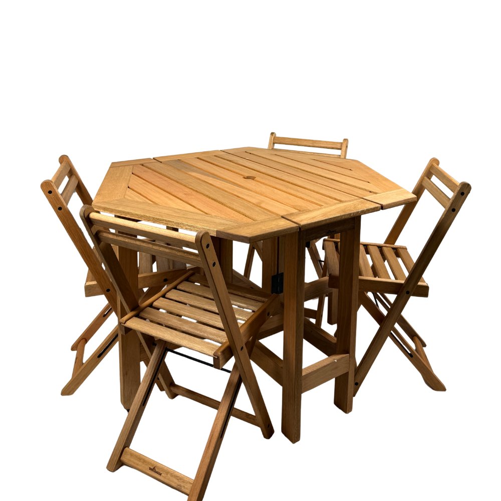 Mesa hexagonal y sillas plegables Tromen