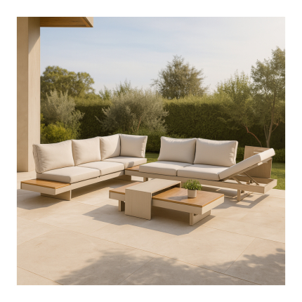 El Juego de Living de Exterior Mollys Premium es una solución elegante y funcional para crear un espacio de descanso en jardines, patios, terrazas o galerías. Su diseño esquinero moderno permite aprovechar mejor el espacio y generar un ambiente cómodo para reuniones, relax o encuentros al aire libre. Este conjunto de muebles de exterior de 4 piezas está fabricado con estructura de aluminio pintado al horno, un material resistente a la intemperie, durable y de bajo mantenimiento, ideal para uso exterior durante todo el año. Su estética minimalista y contemporánea se adapta fácilmente a diferentes estilos de decoración outdoor. El formato modular del conjunto permite armar un living exterior amplio y cómodo, acompañado por una mesa central que completa el espacio para apoyar bebidas, platos o accesorios durante reuniones y momentos de descanso. Gracias a sus materiales y su diseño robusto, este juego de living para jardín o terraza combina confort, durabilidad y estilo, convirtiéndose en una excelente opción para equipar espacios exteriores con muebles de alta calidad. Características principales Conjunto de living de exterior compuesto por 4 piezas Diseño esquinero moderno ideal para optimizar espacios Estructura fabricada en aluminio pintado al horno Alta resistencia a la intemperie y al uso exterior Diseño minimalista y elegante para jardines, patios y terrazas Incluye mesa central para completar el living exterior Estructura firme y durable con bajo mantenimiento Ficha técnica Referencia: UA8195/C Línea: UA Material: Aluminio pintado al horno Medidas Módulos: 245 x 78 x 70 cm Mesa: 140 x 70 x 28 cm El Juego de Living de Exterior Mollys Premium de 4 piezas es ideal para quienes buscan muebles de jardín modernos, resistentes y confortables, perfectos para disfrutar al máximo los espacios al aire libre.
