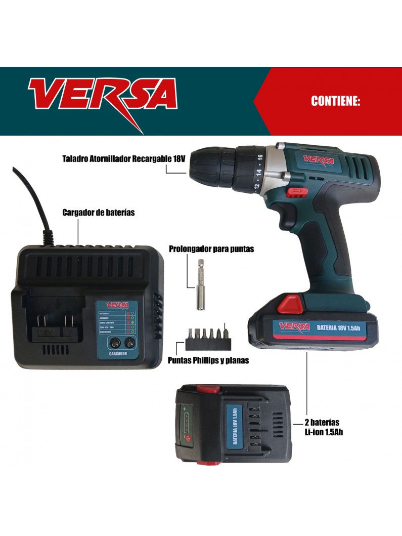 Taladro Atornillador Recargable Versa 18V 10 mm con 2 Baterías